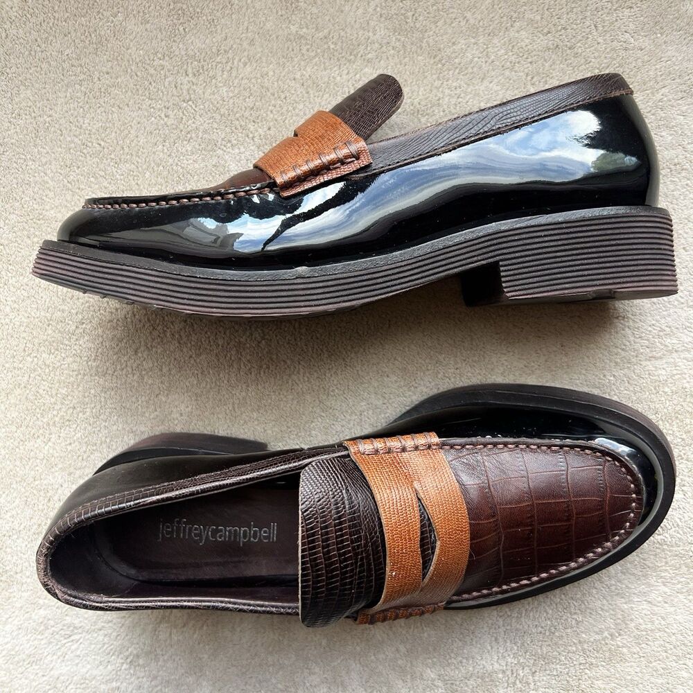 Jeffrey Campbell Lenna Brown Patent & Croc Embossed Leather Penny Loafer Women 6